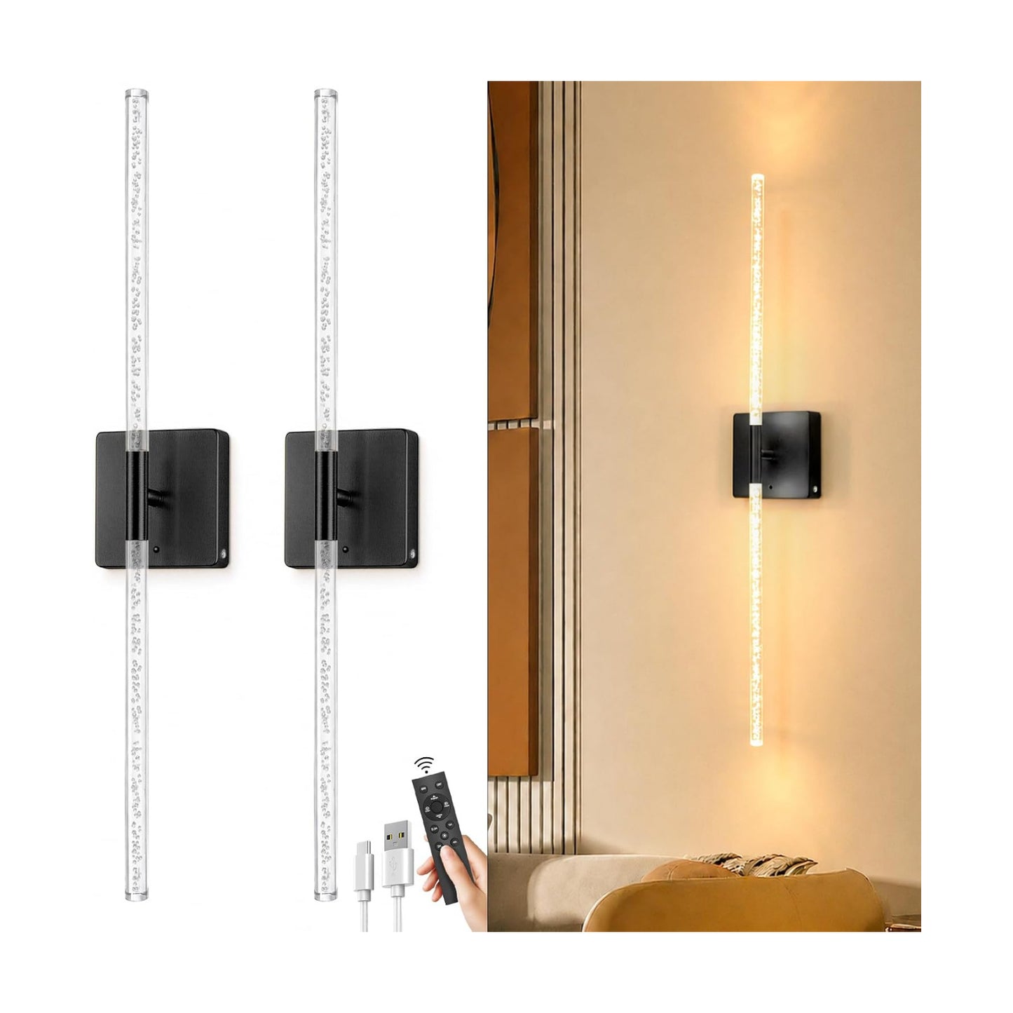 Wall Sconces Set of 2, Rechargeable Wireless Sconce(Bubble Crystal) | Battery Operated Wall Lights With Touch Remote