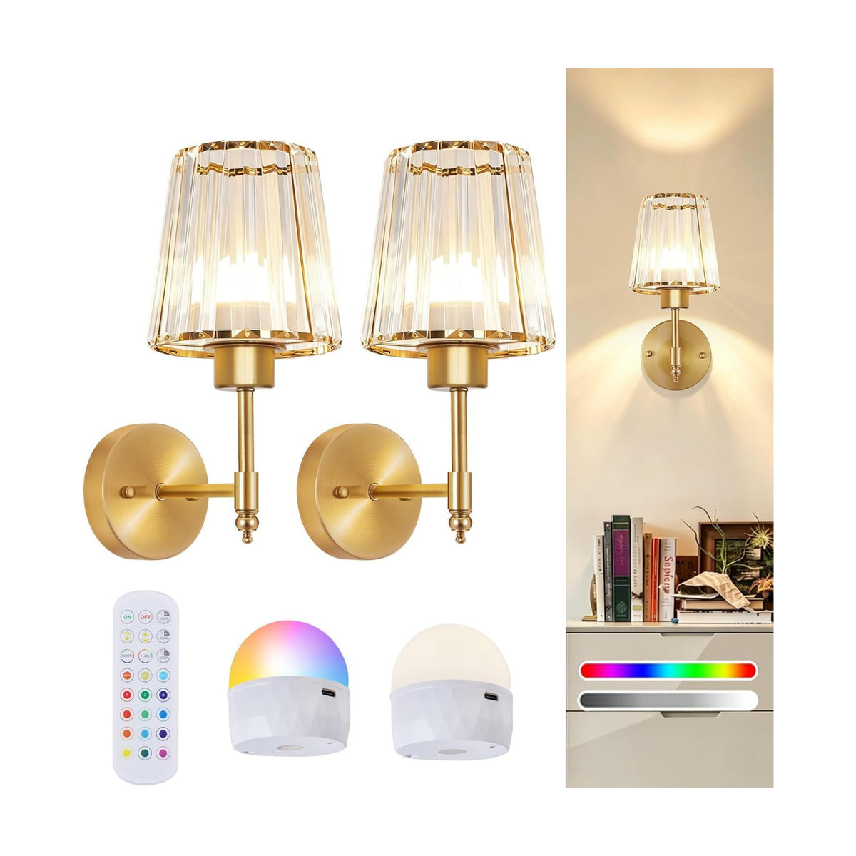 Battery Operated Wall Sconce Set of 2, Rechargeable Wireless Wall Lights | with 5200mAh Dimmable Bulbs and Remote,15