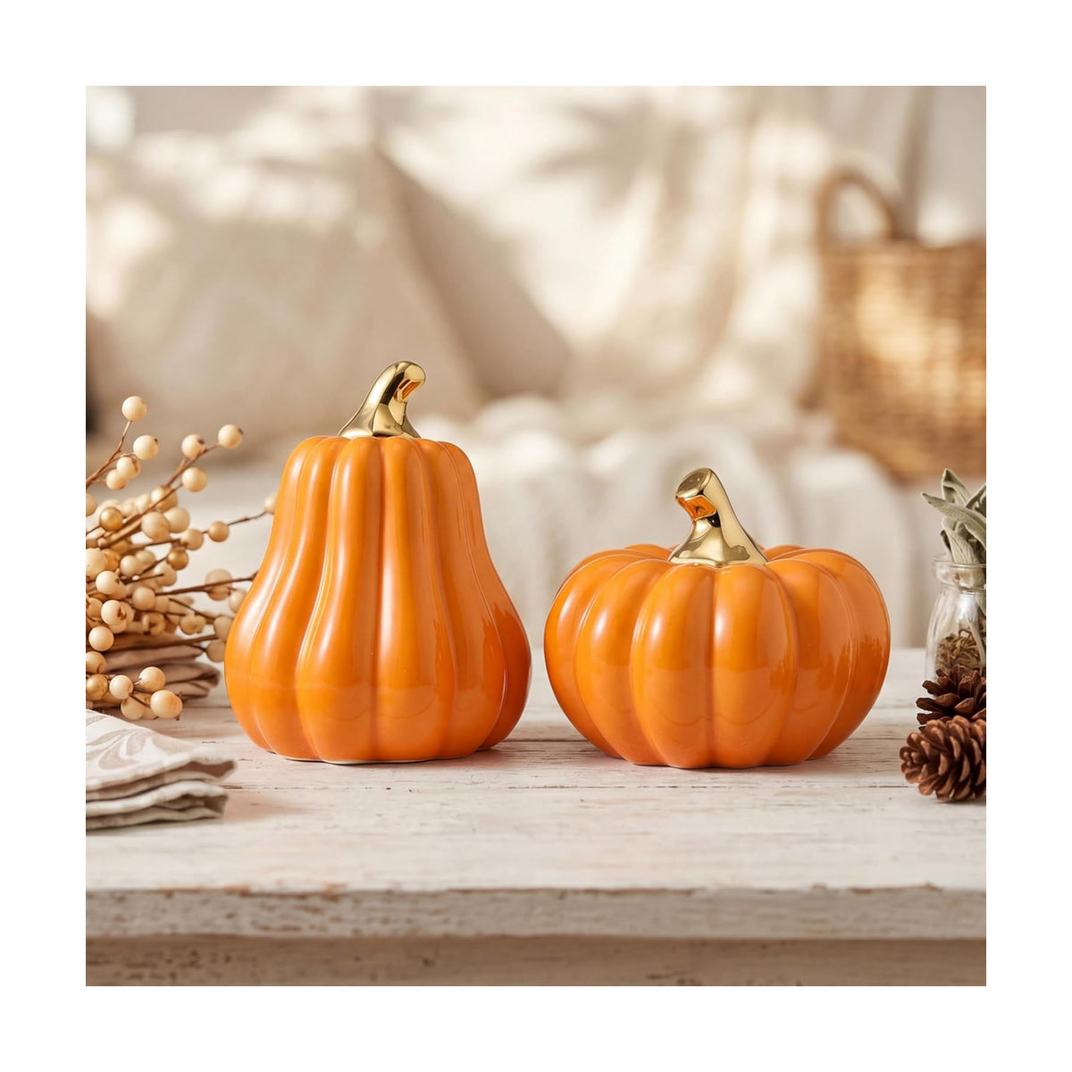 Qinyoung 2 Pcs Fall Ceramic Pumpkins for Home Decor Gold Stem, Orange