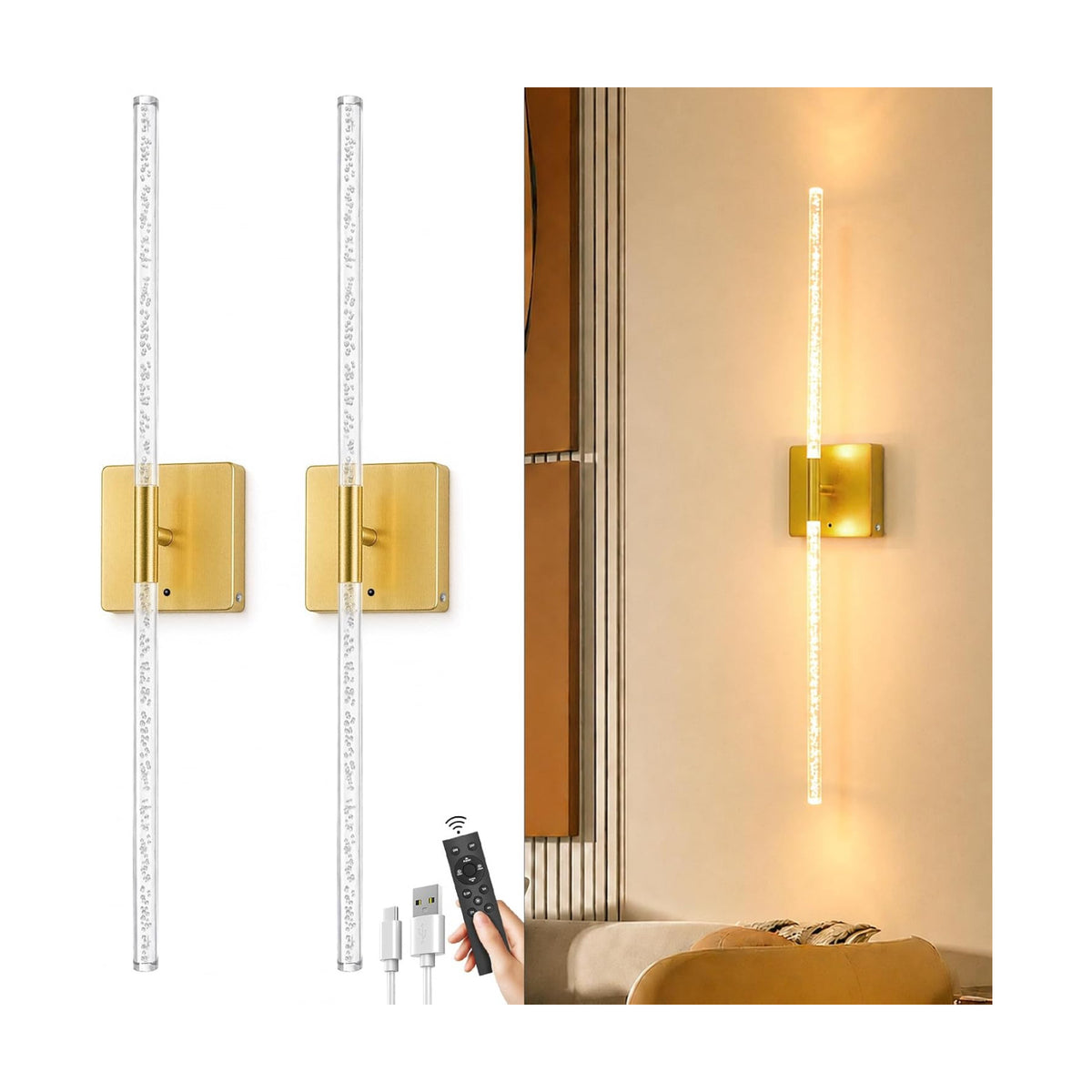 Wall Sconce Set of 2: Gold Rechargeable Wireless Magnetic Install, Crystal | 10000mAh Battery Operated, 360° Rotatable
