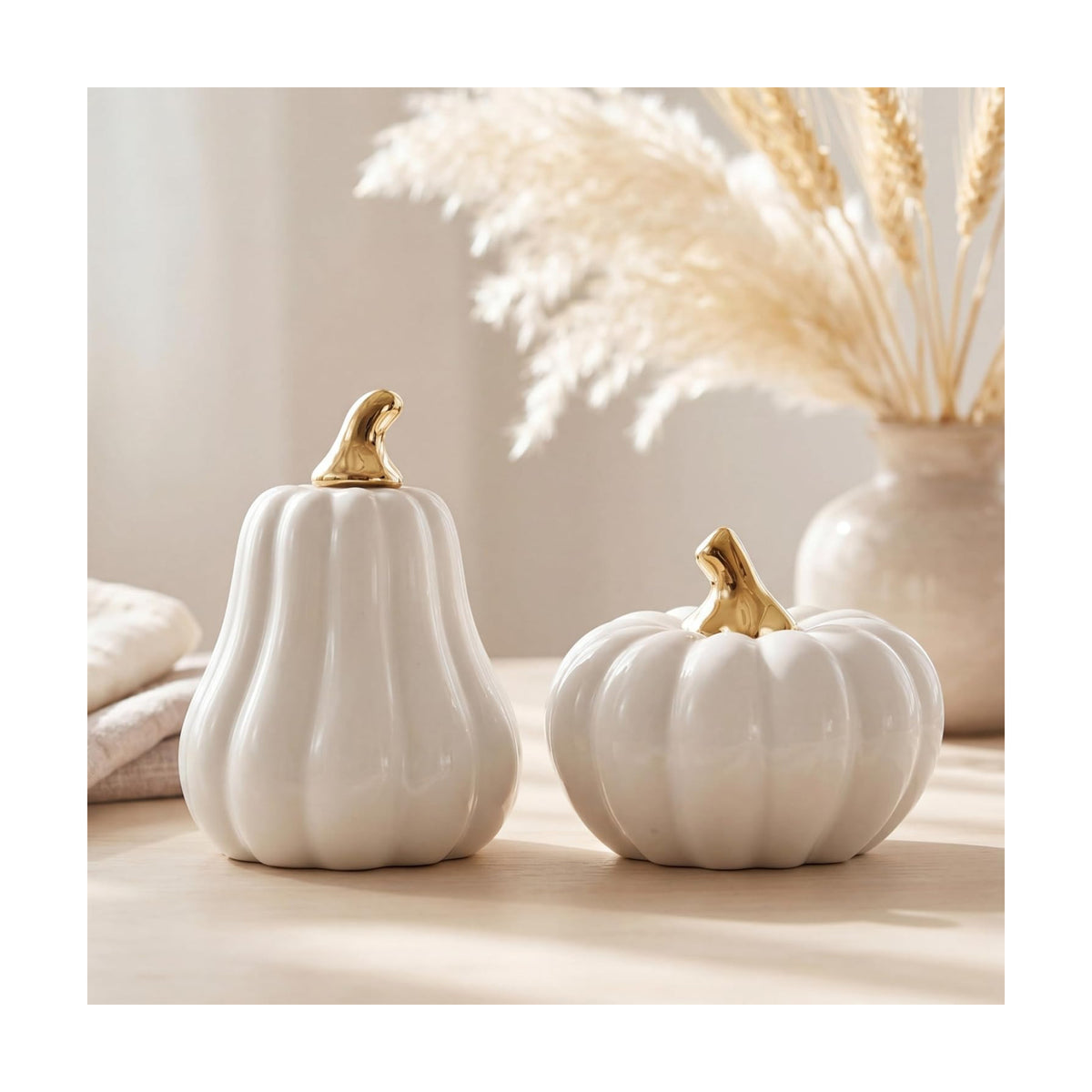 Qinyoung 2 Pcs Fall Ceramic Pumpkins for Home Decor Gold Stem, White