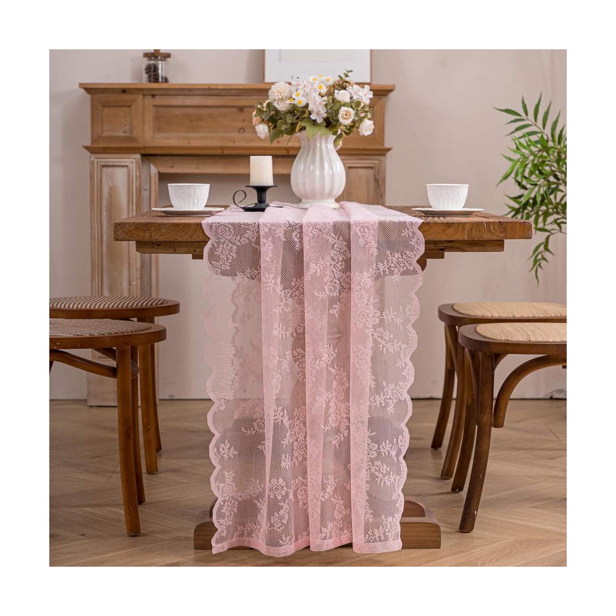 Pink Lace Table Runner with Floral Embroidered (1pcs, 28”x118”)