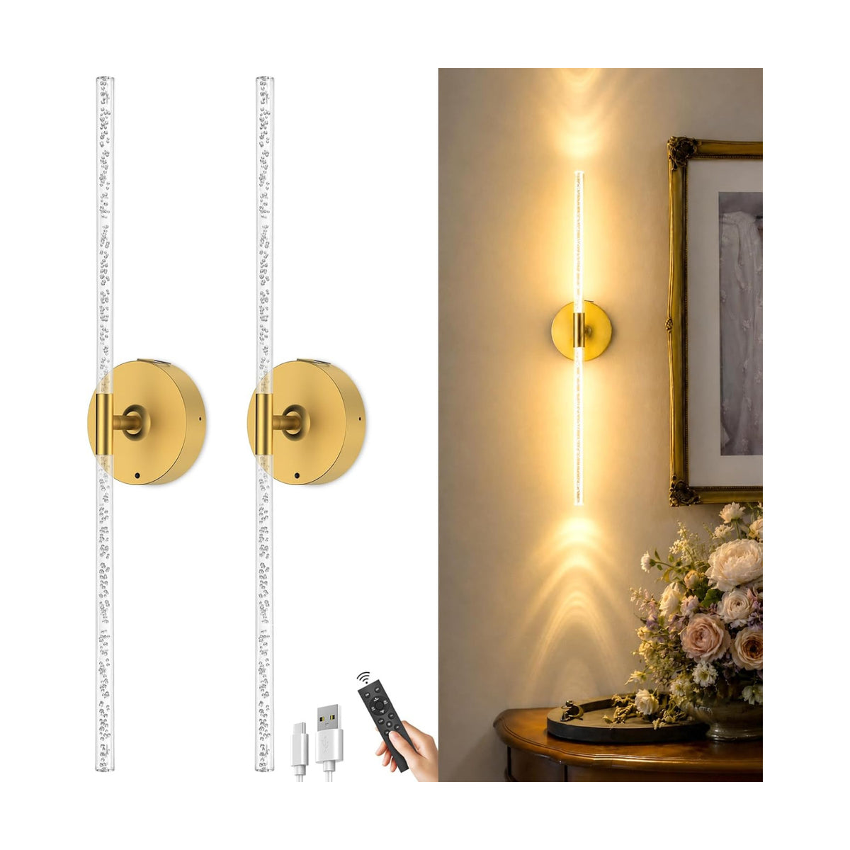 Rechargeable Wall Lights Battery Operated Sconce 2Pack(Gold Bubble Crystal) | 10000mAh Wireless Wall Lights With Touch