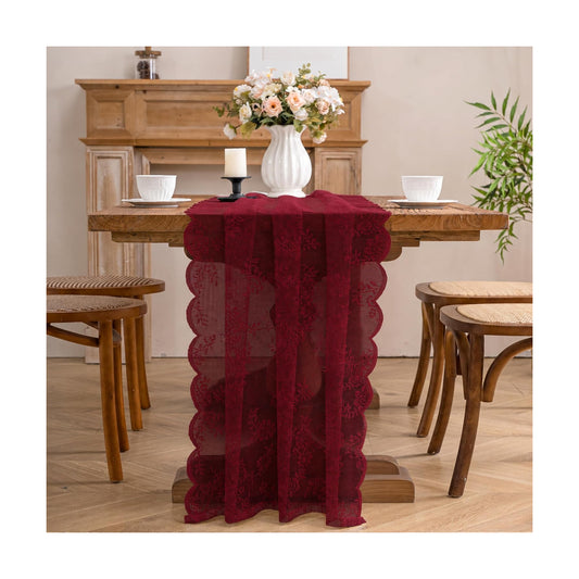 Burgundy Lace Table Runner with Floral Embroidered (1pcs, 28”x118”)