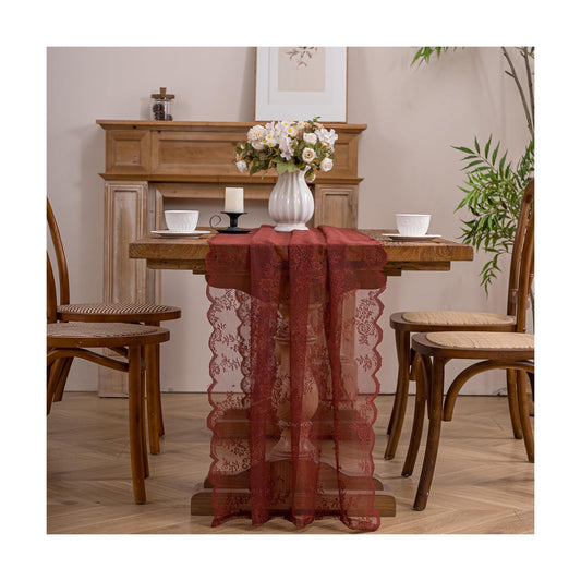 Terracotta Lace Table Runner with Floral Embroidered(1pcs 28”x118”)