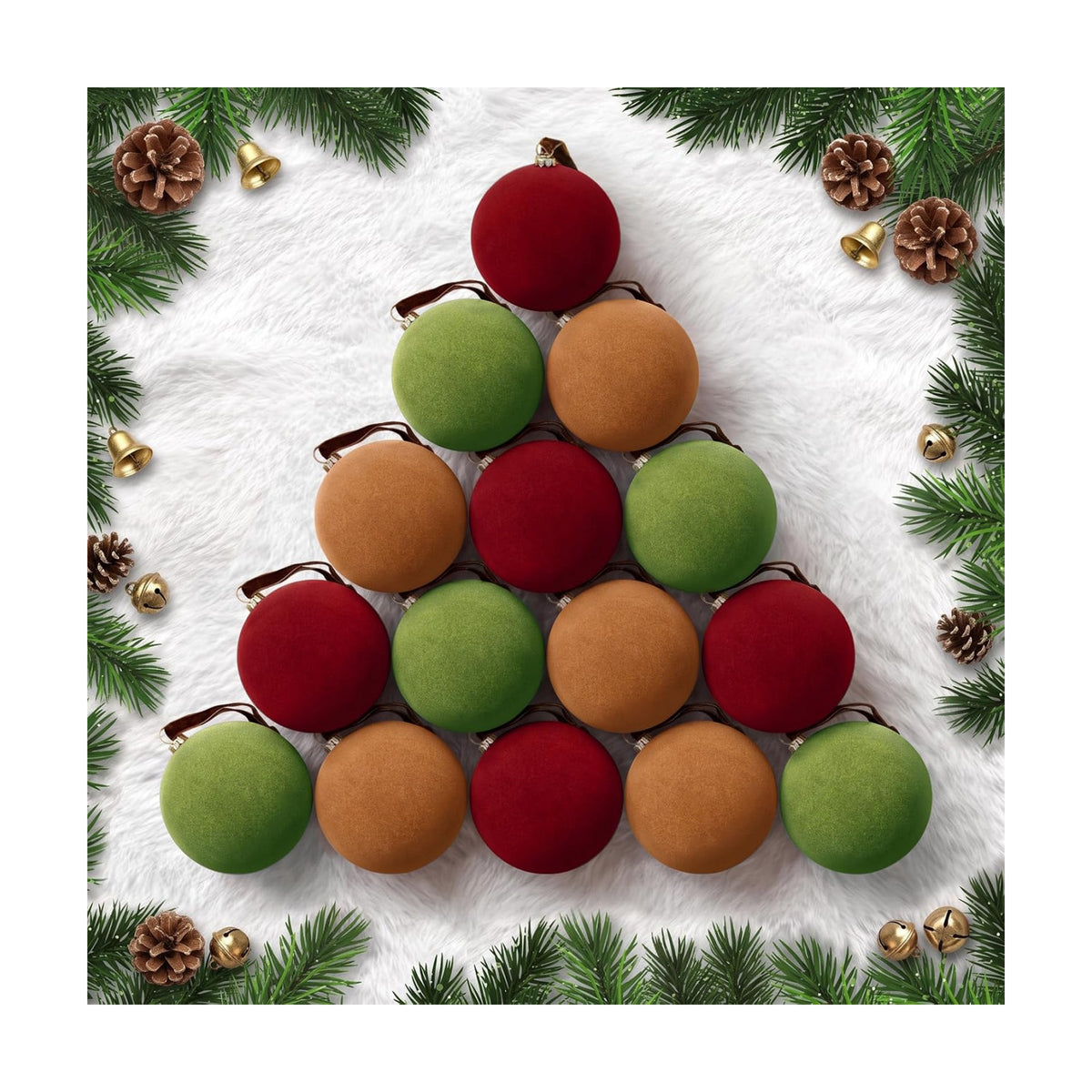 TOWPONICS 15 Pcs Velvet Christmas Tree Ornaments, 3.15 Inch Red Green Brown Velvet Ornaments for Christmas Tree, Flocked Ornaments Balls for Family Holiday Wedding Party Xmas Hanging Decoration