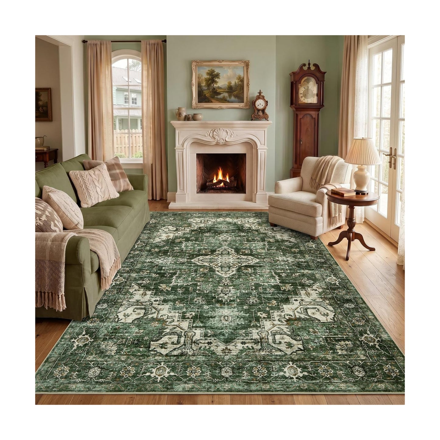 Garvee 5x7 Washable Area Rug Soft Vintage Boho Green Bedroom Rug Non Slip