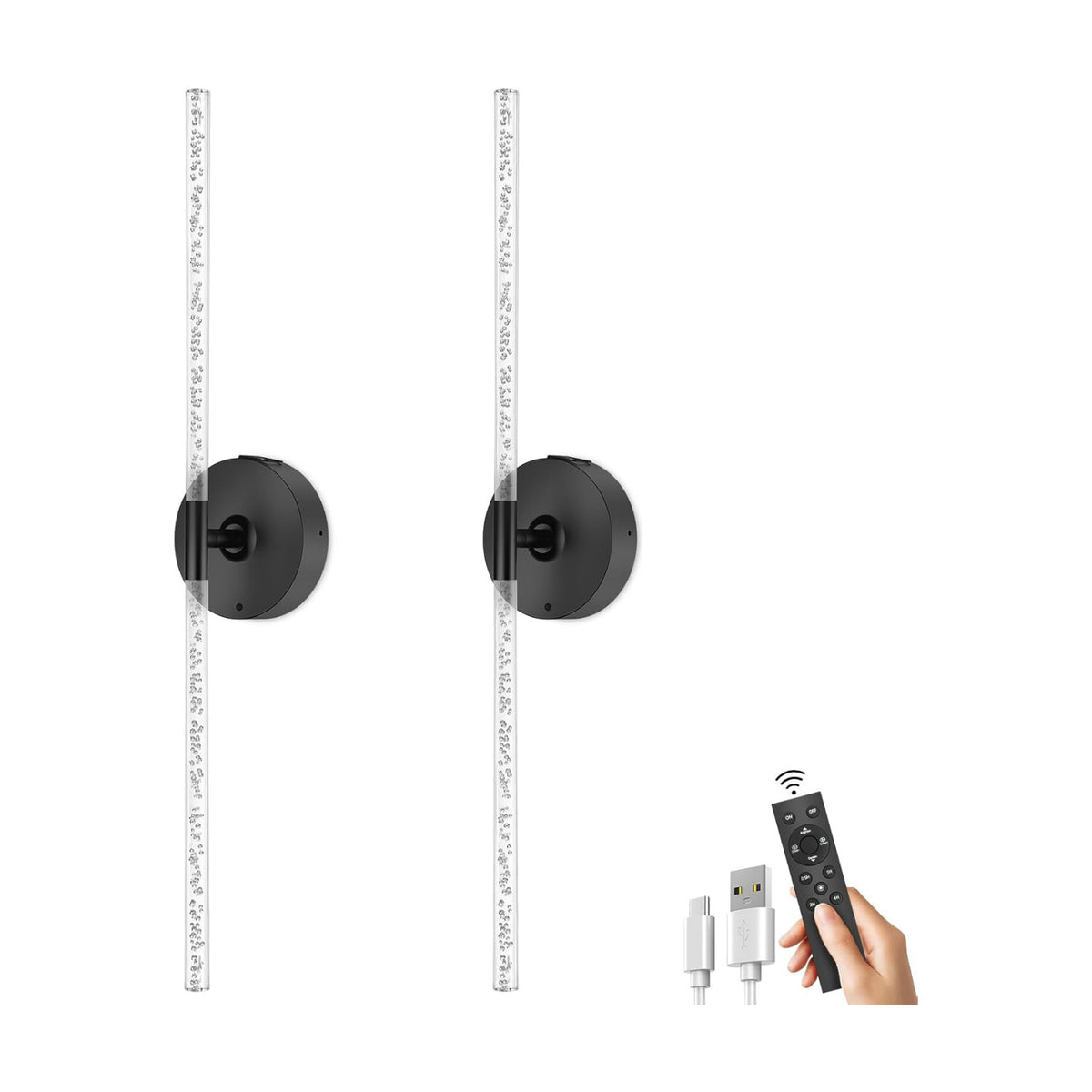 10000mAh Battery Operated Wall Sconce Lights Set of 2(Black,Bubble Crystal) | Rechargeable Wireless Wall Lights, Touch