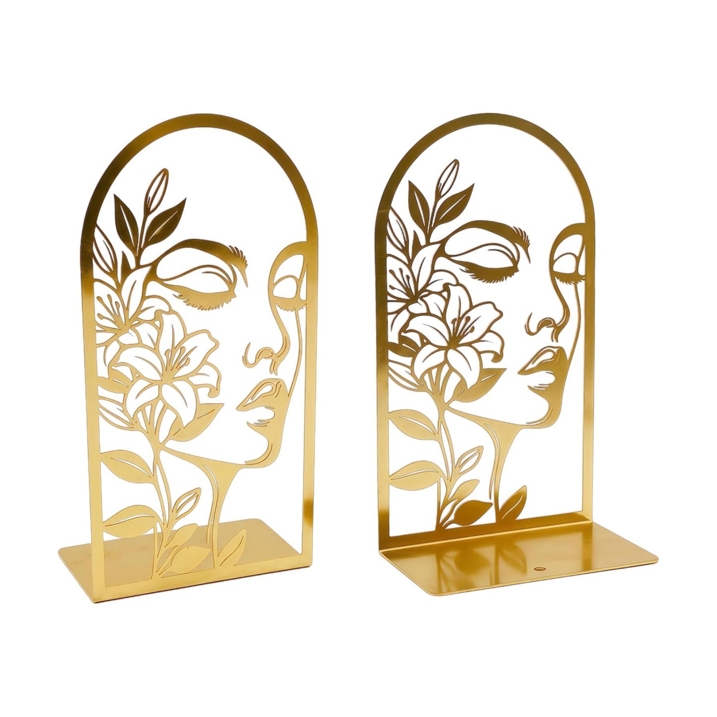 Metal Line Art Woman Lily Flower Bookends for Heavy Books / Gold