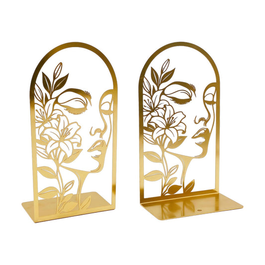 Metal Line Art Woman Lily Flower Bookends for Heavy Books / Gold