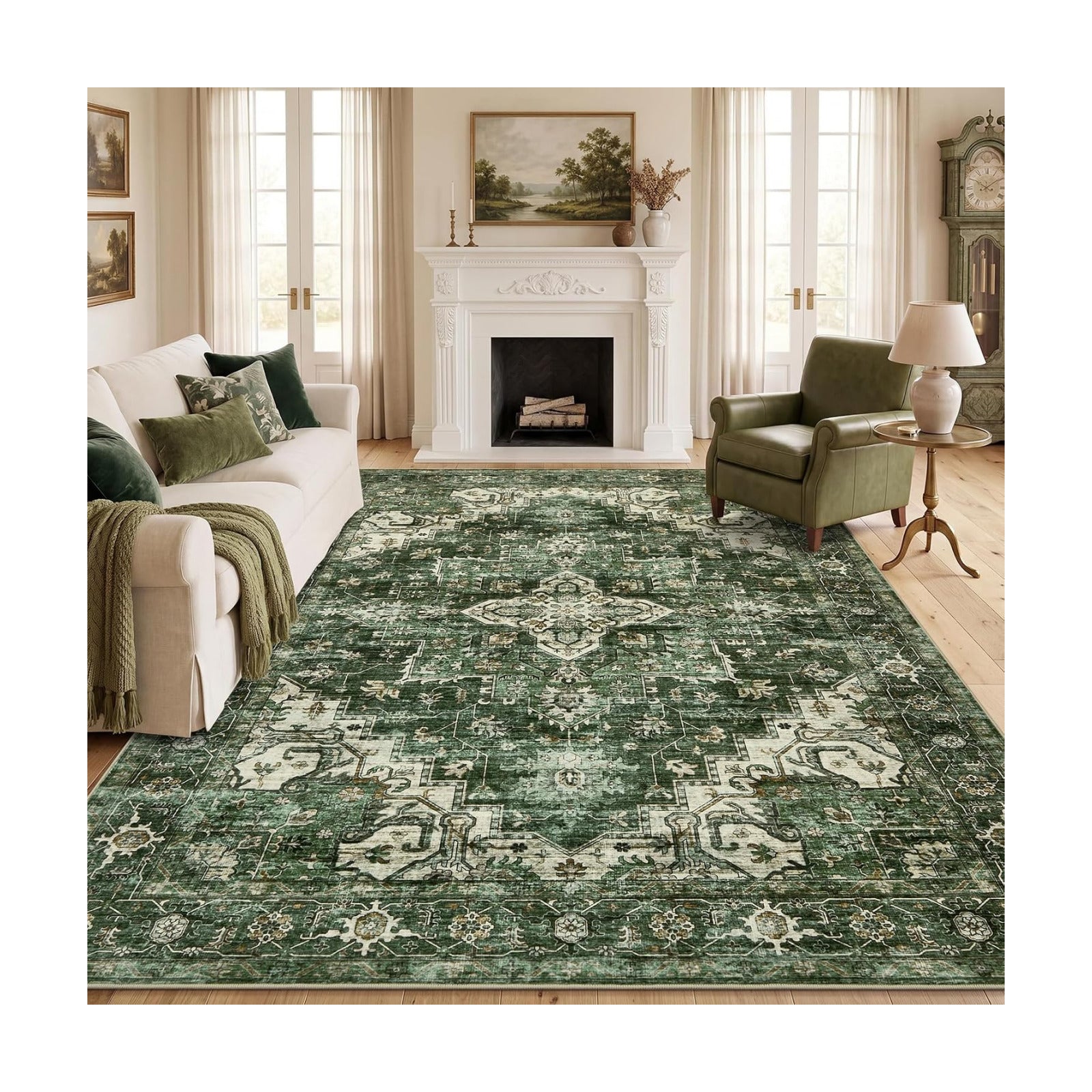 Garvee 8x10 Area Rug Vintage Boho Green Washable Living Room Rug Non Slip