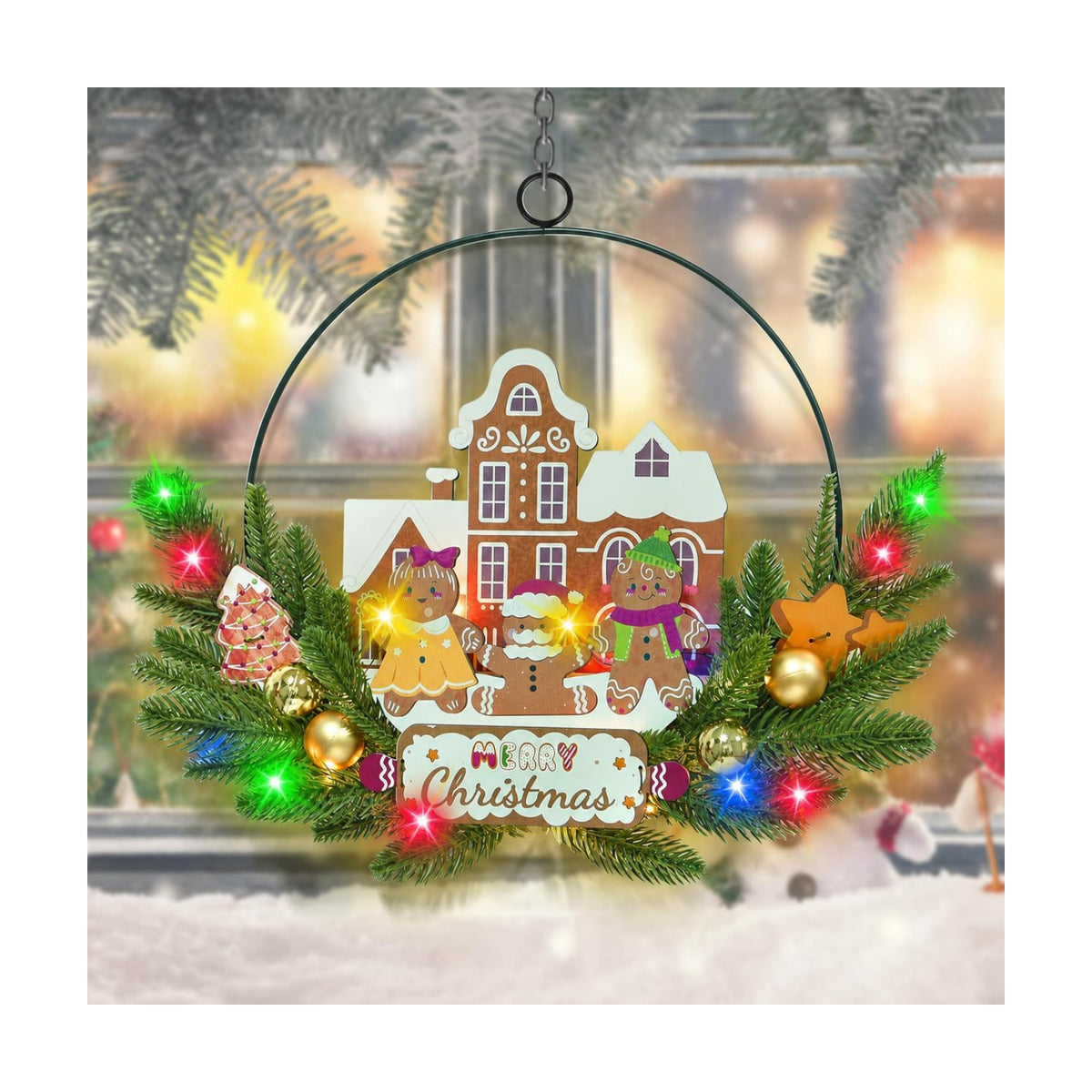 Pre-Lit Christmas Wreath for Front Door, Gingerbread with 6H On/18H Off