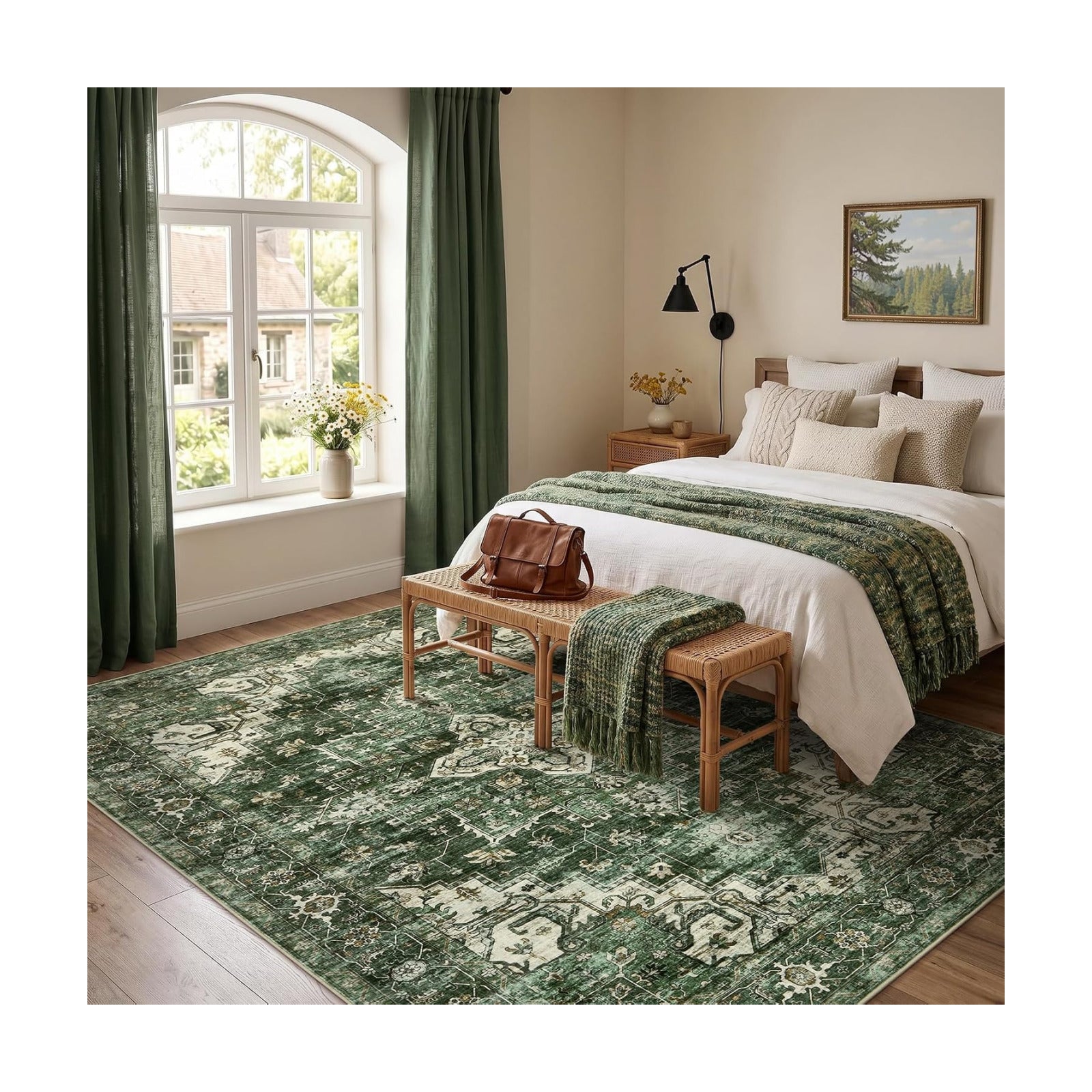 Garvee 6x9 Washable Area Rug Vintage Boho Green Bedroom Rug Non Slip