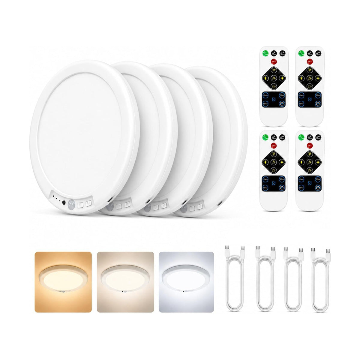 4 Packs Wireless Closet Lights Motion Sensor with Remote, 3 Color & 3 Mode Dimmable Magnetic Rechargeable LED Ceiling
