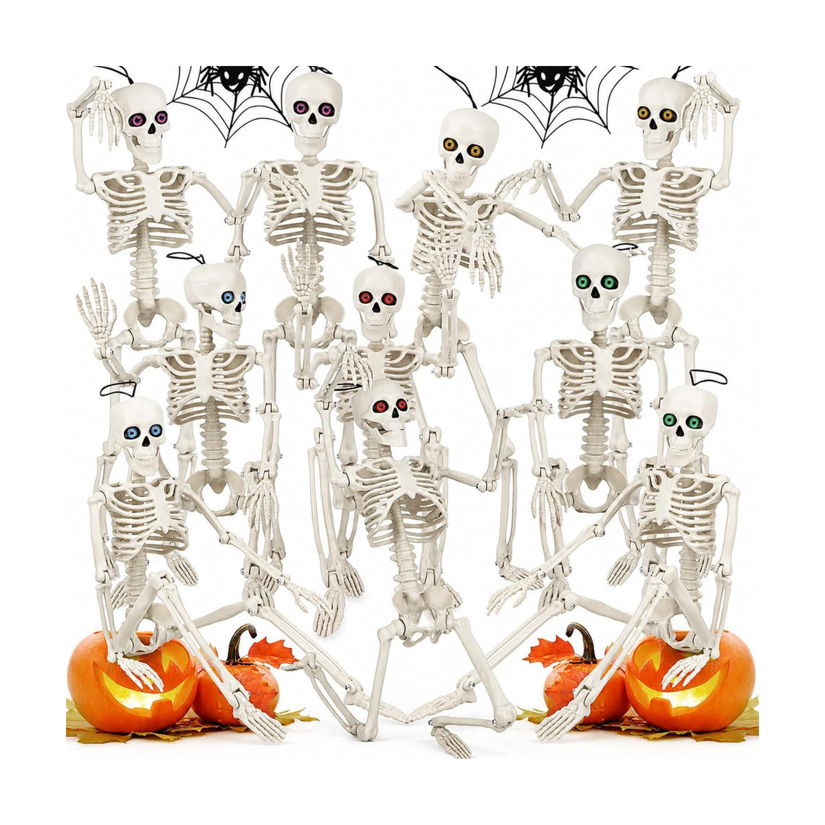 10 Pack Halloween Skeleton Decor 16" with Eyes & Box (White)