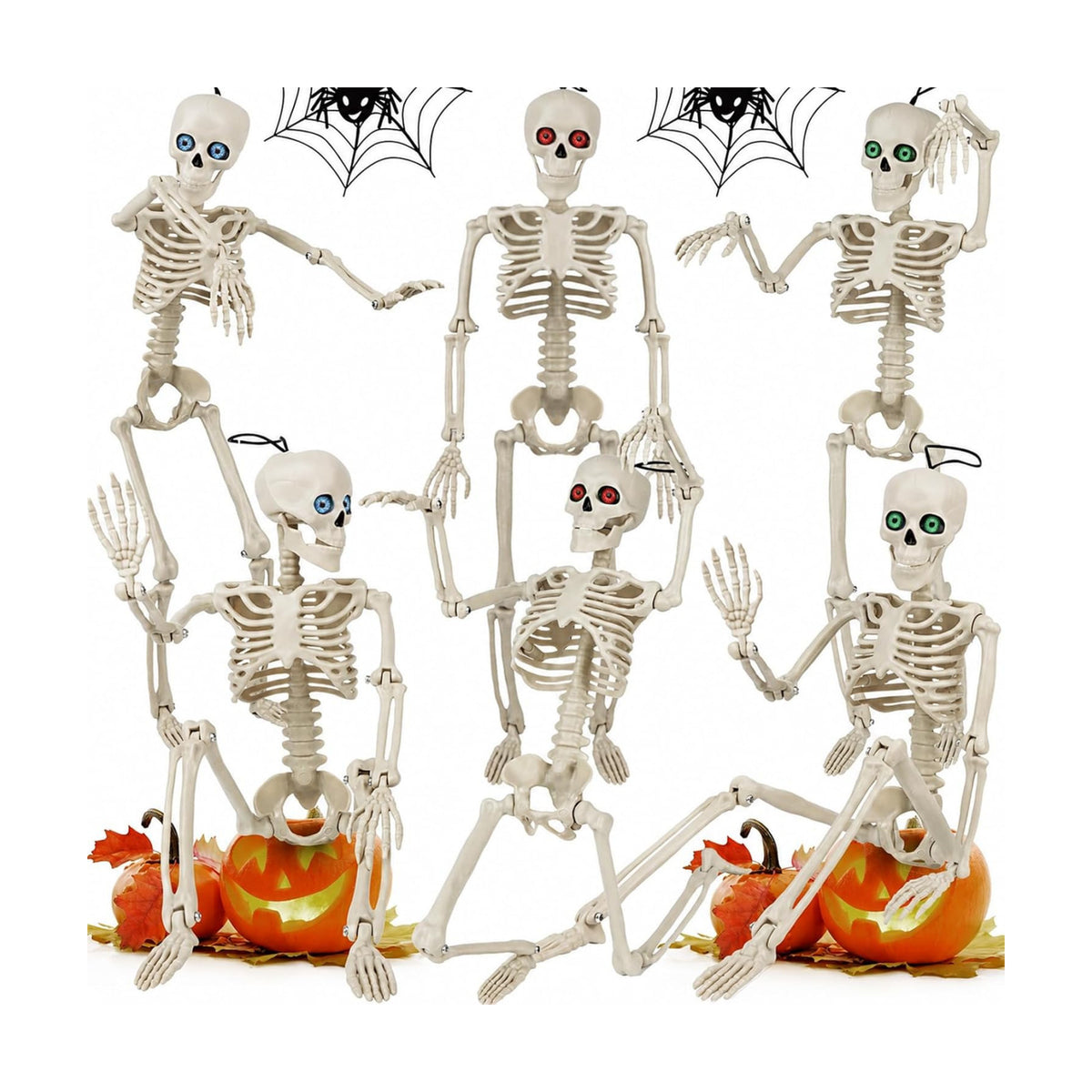6 Pack 16" Halloween Skeleton Decor with Eyes & Box (White)