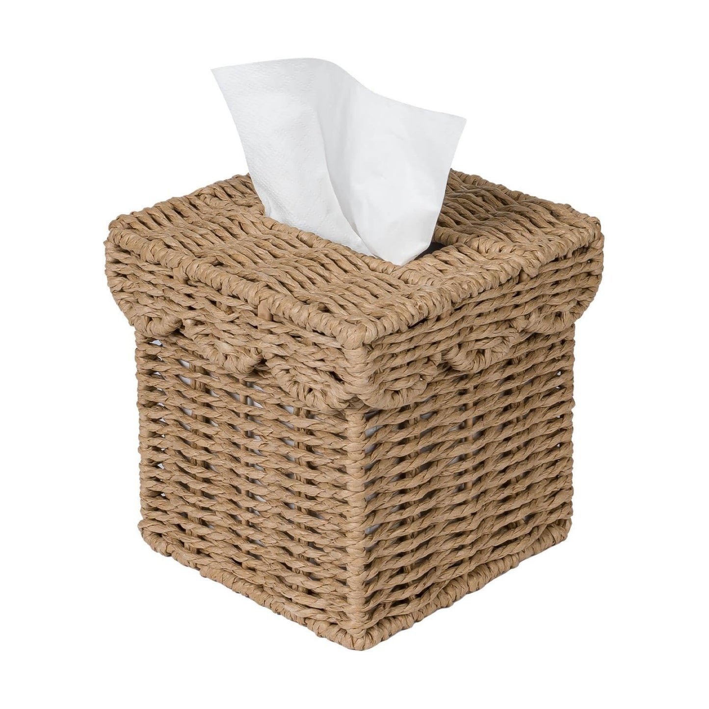 Square Wicker Tissue Box Holder Facial Tissues Boxes w/Scalloped Lid / Neutral