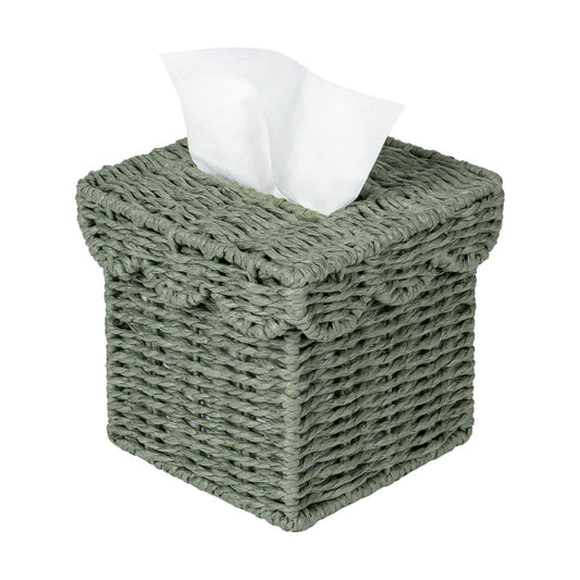Square Wicker Tissue Box Holder Facial Tissues Boxes w/Scalloped Lid / Green