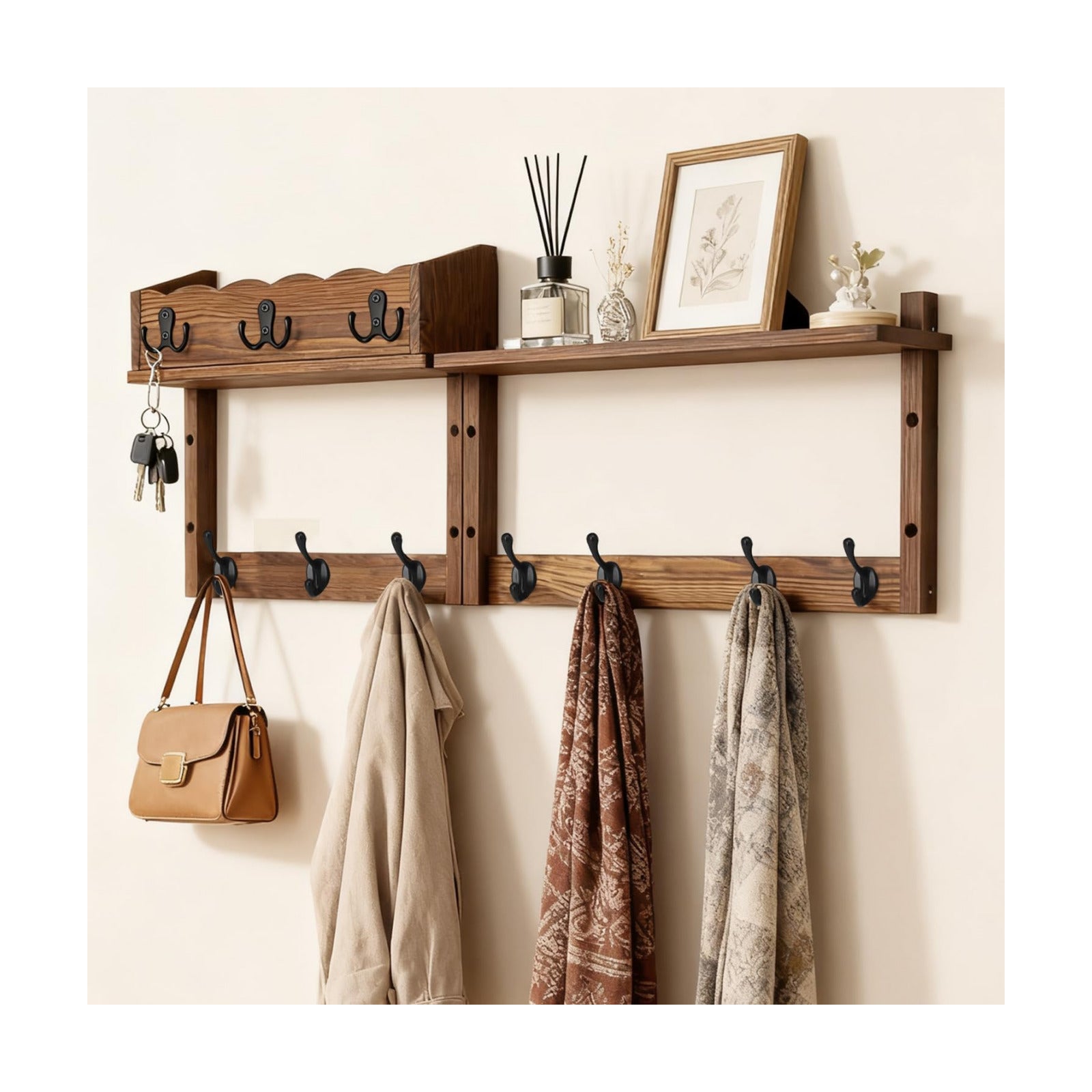 Entryway Key Holder Wall Mount Wood Wall Coat Hooks / Brown / 28 Inch