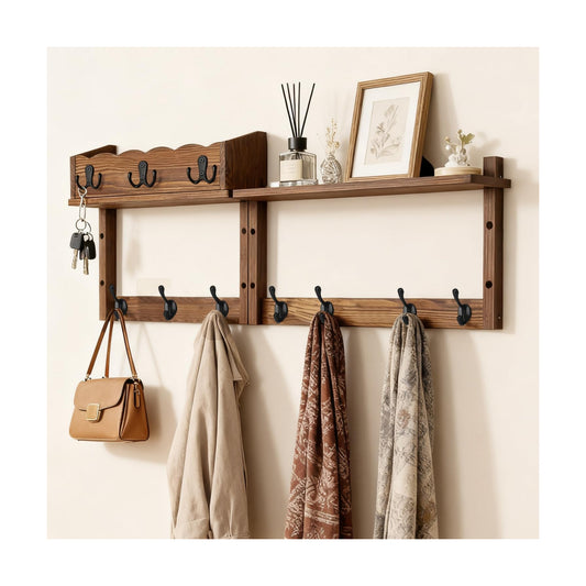Entryway Key Holder Wall Mount Wood Wall Coat Hooks / Brown / 28 Inch