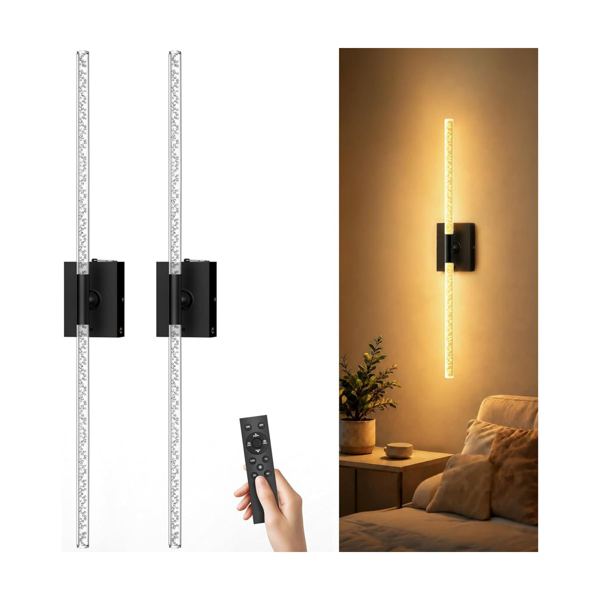 Battery Operated Wall Sconces Set of 2, 10000mAh, Black Bubble | wireless crystal wall lights rechargeable with Remote