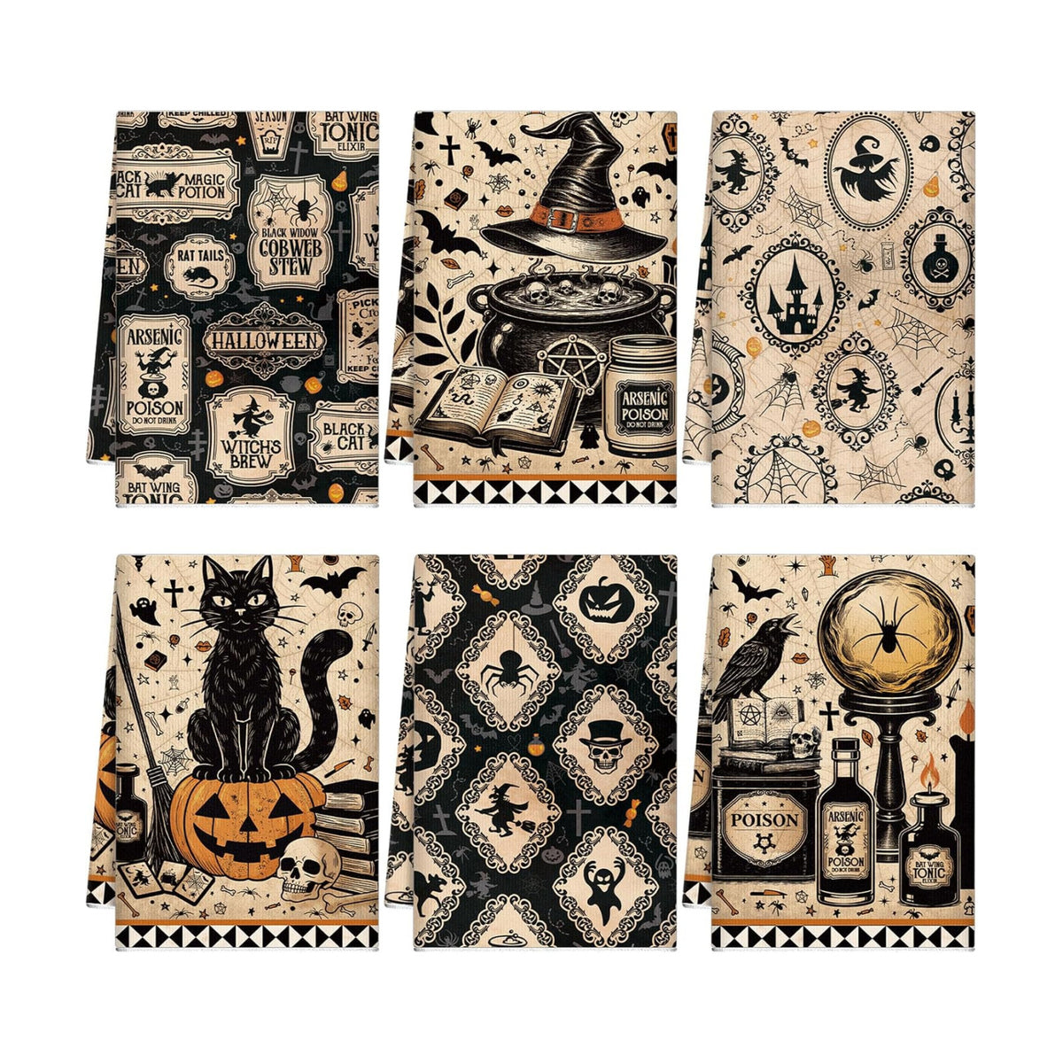 Ganeen 6 Pcs Halloween Kitchen Towels Set, Black Cat Pumpkin Dish Towels