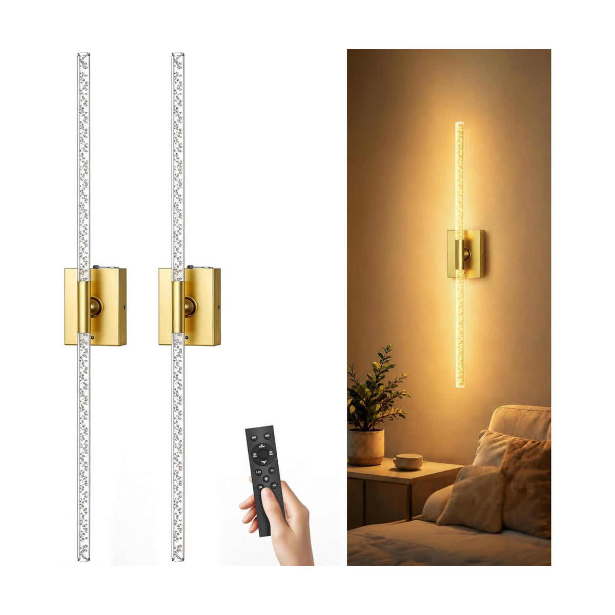 Battery Operated Wall Sconces Set of 2, 10000mAh, Gold Bubble | crystal inspired bubble wall lamp wireless, Remote