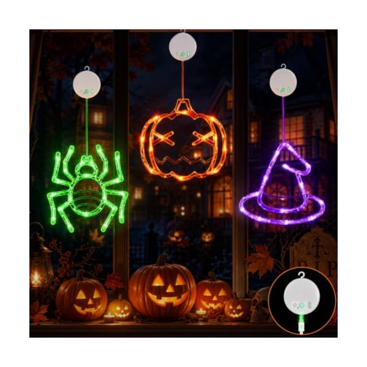 LOLStar Rechargeable Pumpkin Spider Witch Halloween Window Lights, 3 Pack
