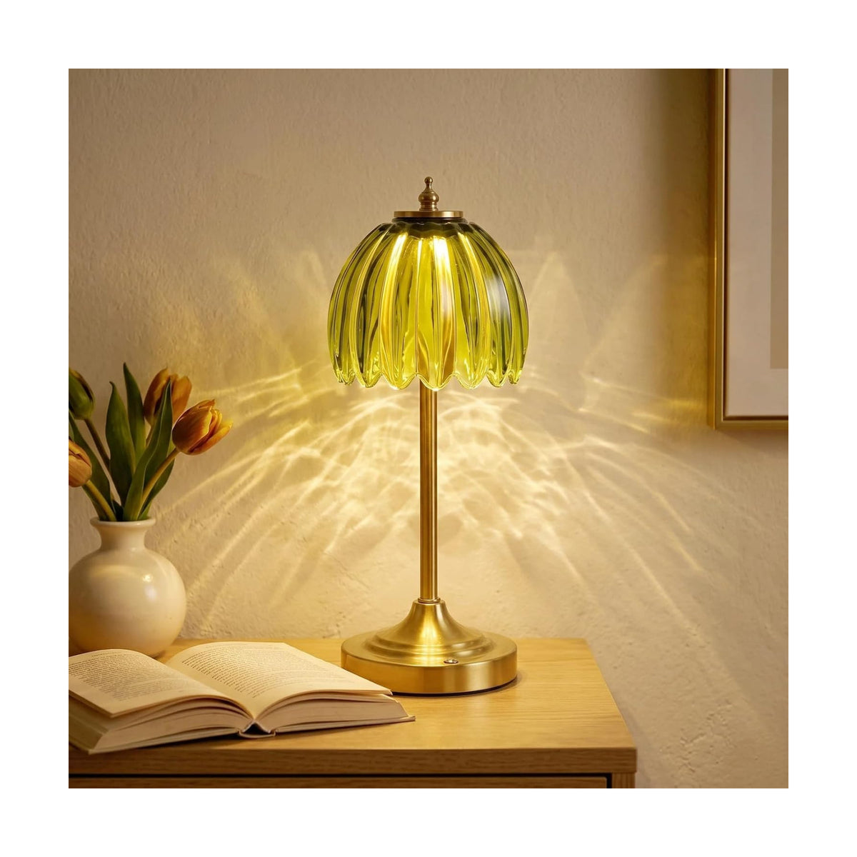 EJQ Glass Tulip Rechargeable Table Lamp, Cordless Flower Table Light -Green | Handcrafted green glass shade; aluminum