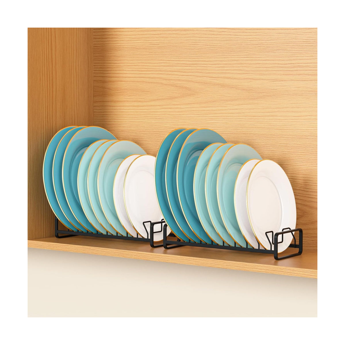 Plate Organizer for Cabinet -2Pack,Dish Rack Organizer for Cabinet Kitchen Countertop Drawer Space Saver，8 Slots