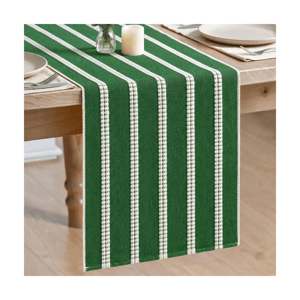 Artoid Mode Green Farmhouse Dashed Stripe Table Runner, Seasonal Holiday Christmas Boho Rustic Kitchen Dining Table Decoration for Home Party Decor 12x120 Inch