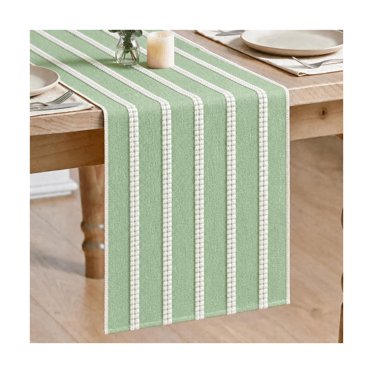 Artoid Mode Sage Green Farmhouse Dashed Stripe Table Runner, Seasonal Holiday Spring Boho Rustic Kitchen Dining Table Decoration for Home Party Decor 12x72 Inch