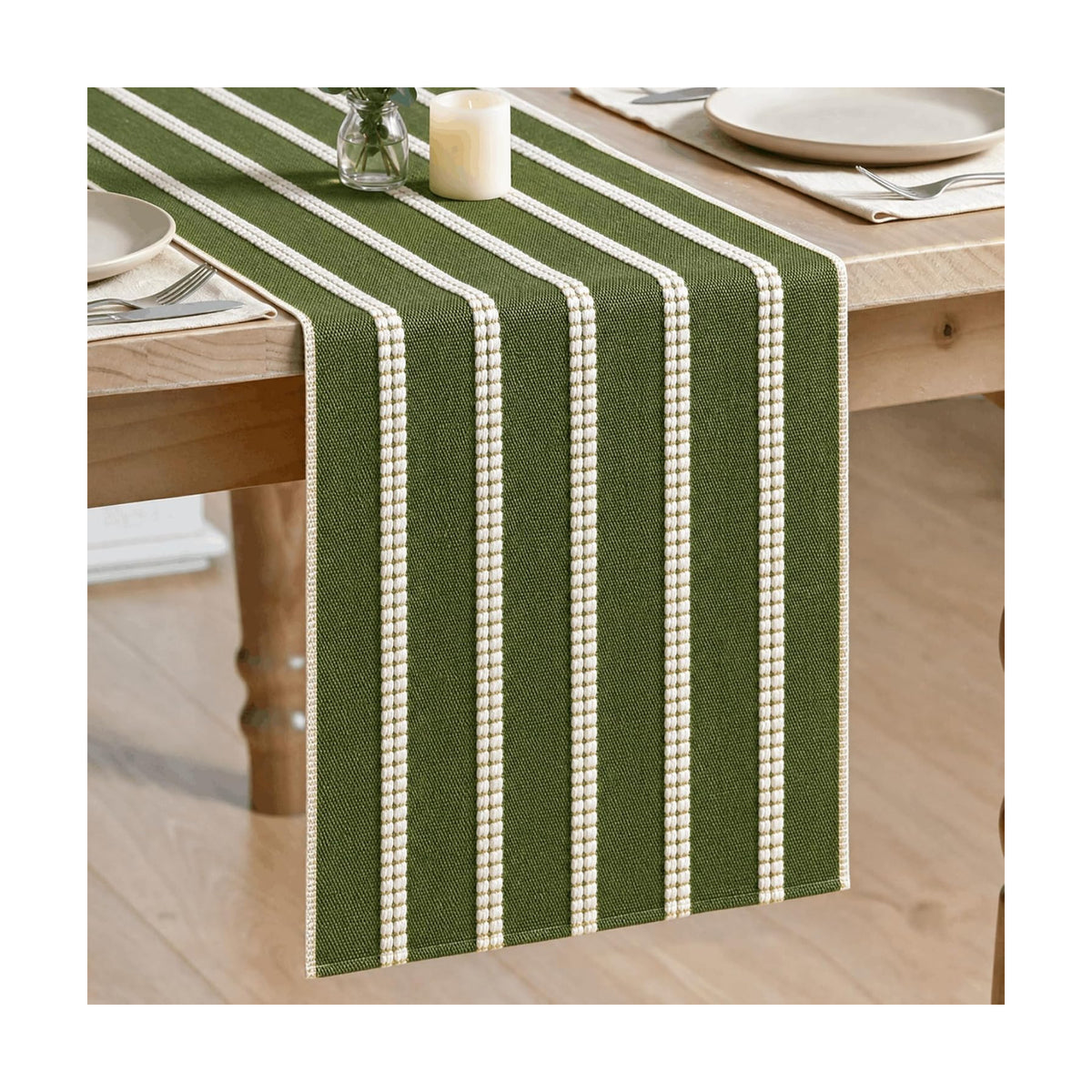 Artoid Mode Army Green Farmhouse Dashed Stripe Table Runner, Seasonal Holiday Boho Rustic Kitchen Dining Table Decoration for Home Party Decor 12x72 Inch