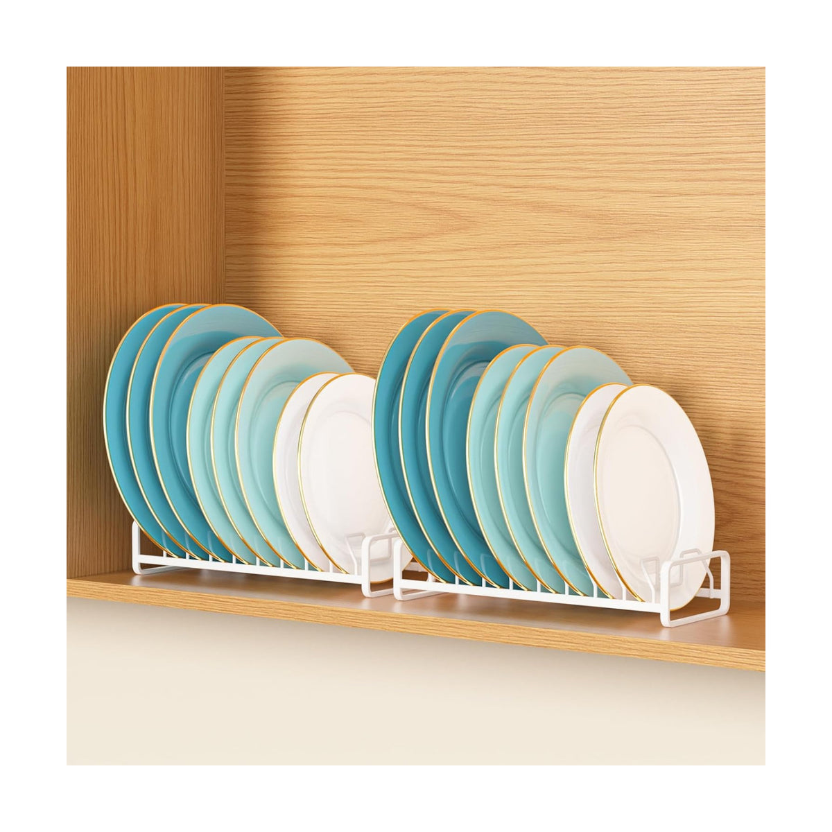Plate Organizer for Cabinet -2Pack,Dish Rack Organizer for Cabinet Kitchen Countertop Drawer Space Saver，8 Slots