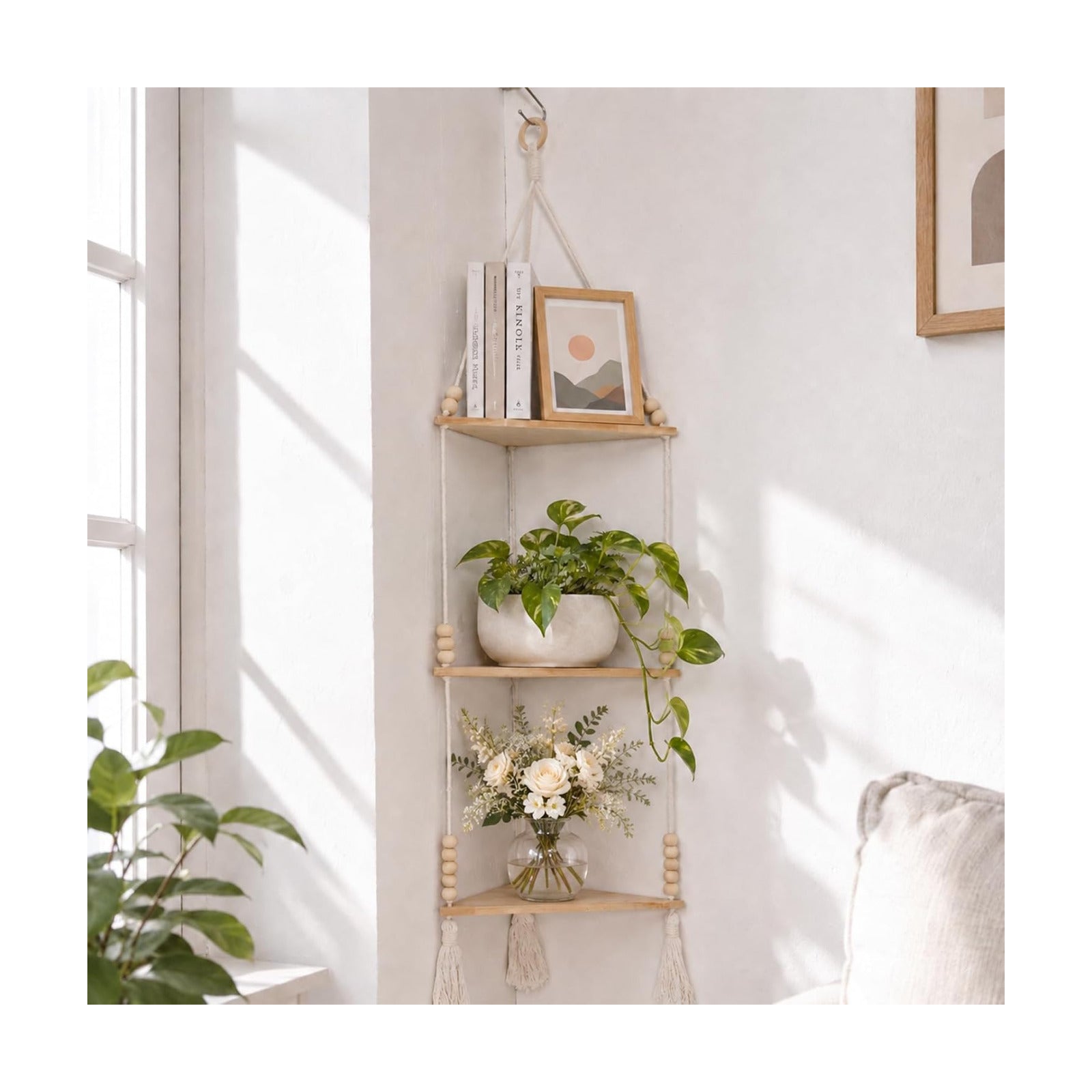 Adjustable Boho Wood Plant Shelves Display / Beige 3-tier