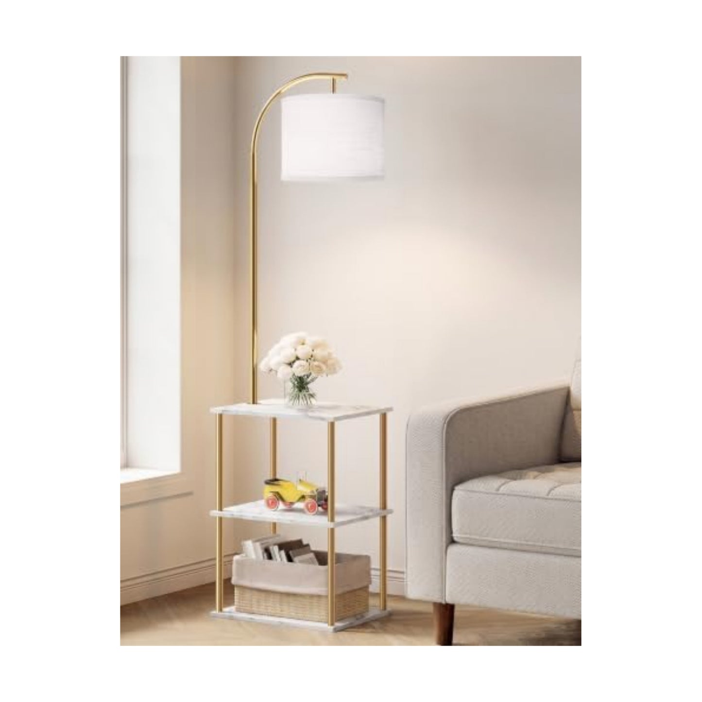 PARTPHONER Floor Lamp with Table, Night Stand with Lamp, Narrow Side Table with 3CCT LED Bulb, Small Coffee Table