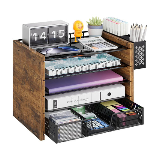Simple Trending Wood Desk Organizer, 5-Tier File Organizer, Rustic Brown | Wooden Desk Organizers and Accessories with