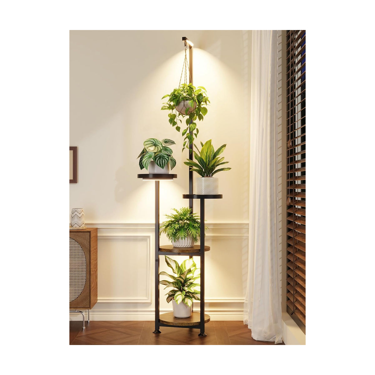 iDavosic.ly Hanging Plant Stand with Grow Light Indoor, 4 Tier, Black Brown | Tall Vertical Corner Metal Flower Shelf