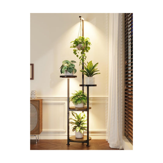 iDavosic.ly Hanging Plant Stand with Grow Light Indoor, 4 Tier, Black Brown | Tall Vertical Corner Metal Flower Shelf