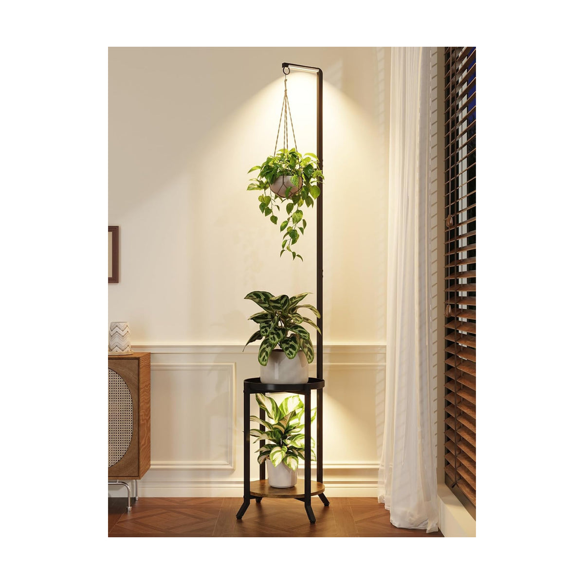 iDavosic.ly Hanging Plant Stand with Grow Light Indoor, 2 Tier, Black Brown | Tall Vertical Corner Metal Flower Shelf