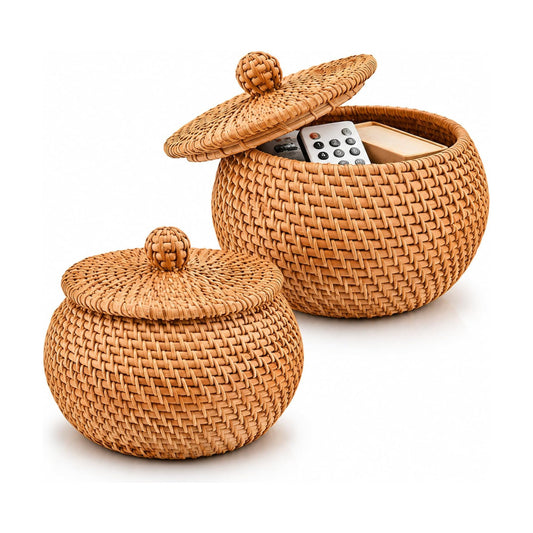 Handwoven Round Rattan Storage Baskets / Natural / Set of 2