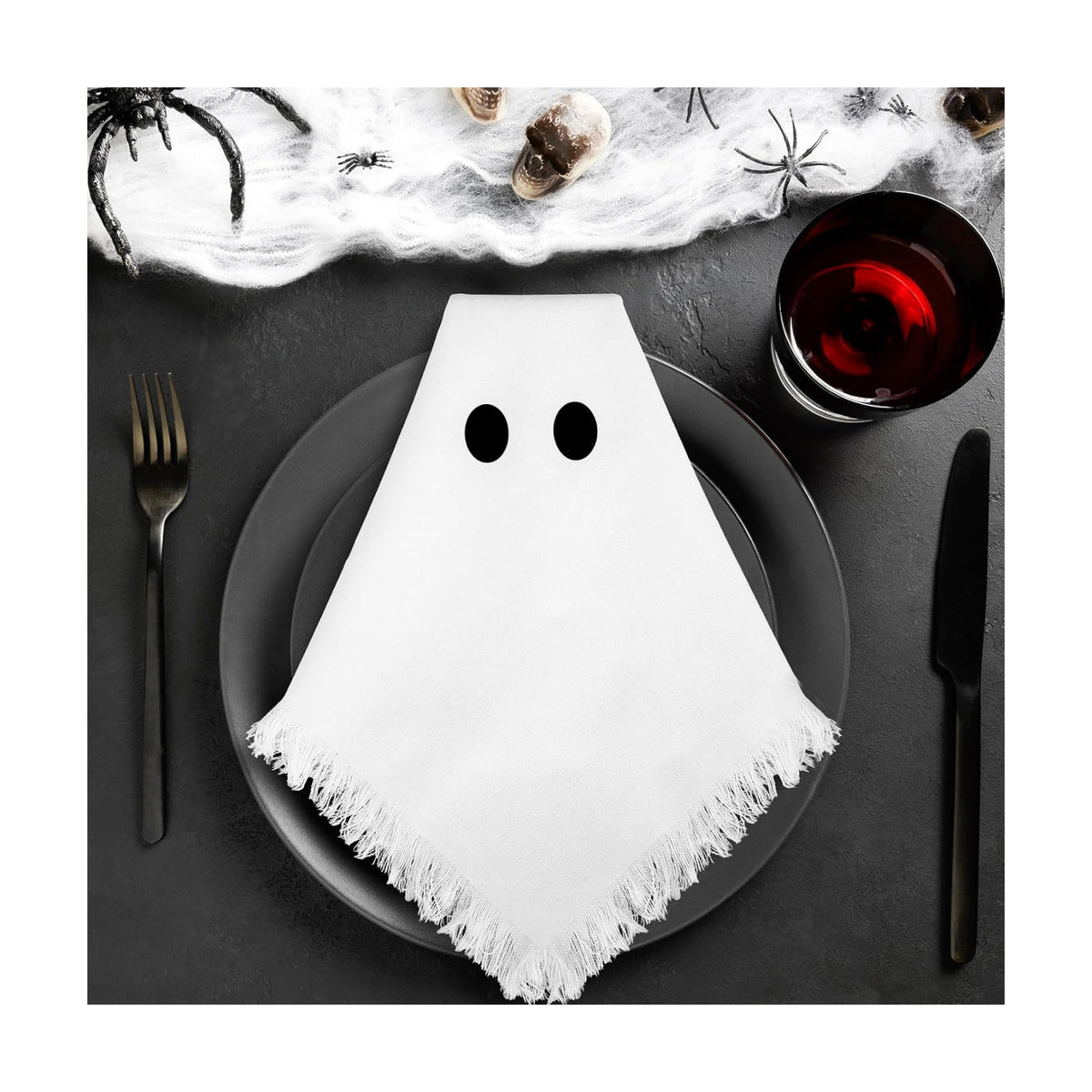 Whaline 8 Pcs Halloween Cloth Napkins with Fringe Spooky White Ghost Dinner Napkin Washable Reusable Cotton Napkin for Halloween Party Home Kitchen Dining Table Decoration, 18 x 18 Inch