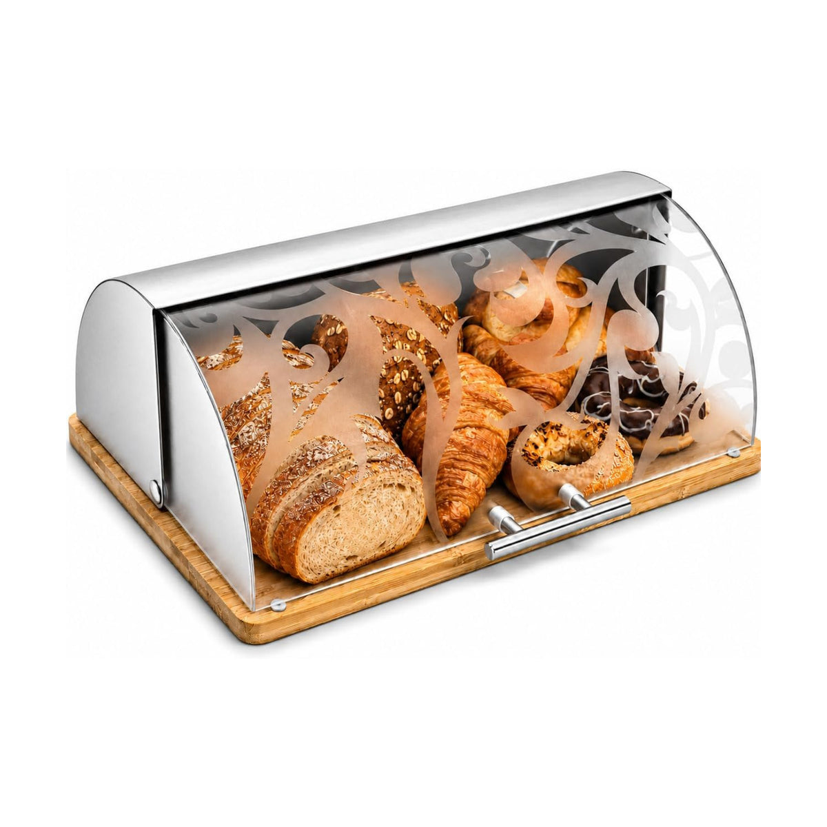 Bread Box for Kitchen Countertop, Modern Stainless Steel Roll-Top M | Clear Acrylic Viewing Door with Frosted Pattern
