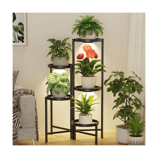 LASZOLA Plant Stand Indoor 10 Inch Large Tray With Lights, 5 Tier Black | Corner Tall Folding Flower Display Rack