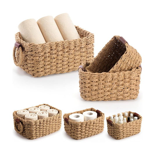 Toilet Paper Storage Wicker Baskets Bathroom Counter Organizer / Paper Rope / Brown / Set of 3