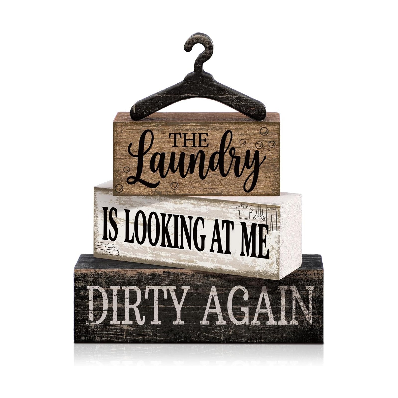 Moucuny 4 Pcs Farmhouse Laundry Room Decor and Accessories Stacked Blocks
