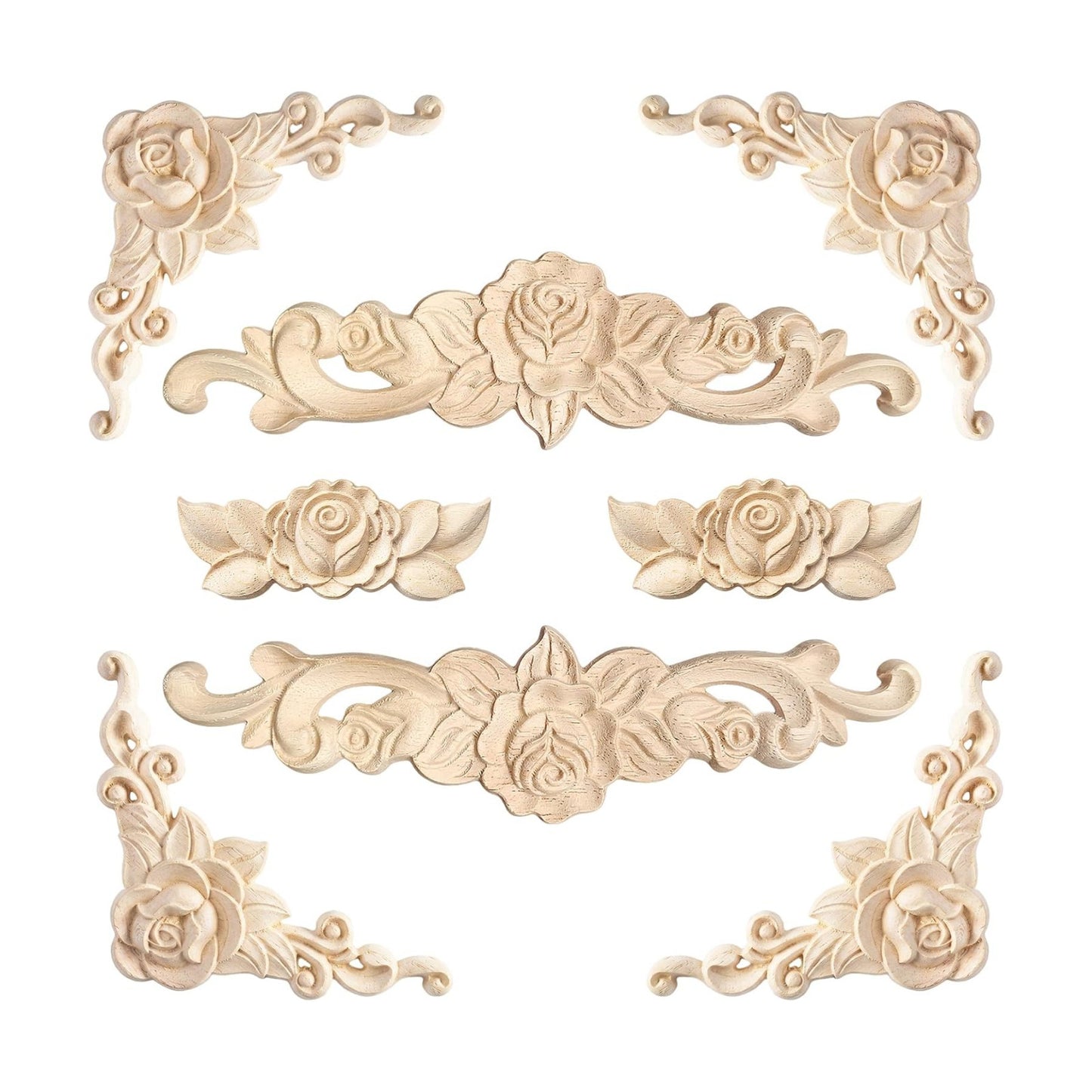 Wood Appliques and Onlays for Furniture Carved Onlays DIY / Rose Style / Small Size / Set of 8