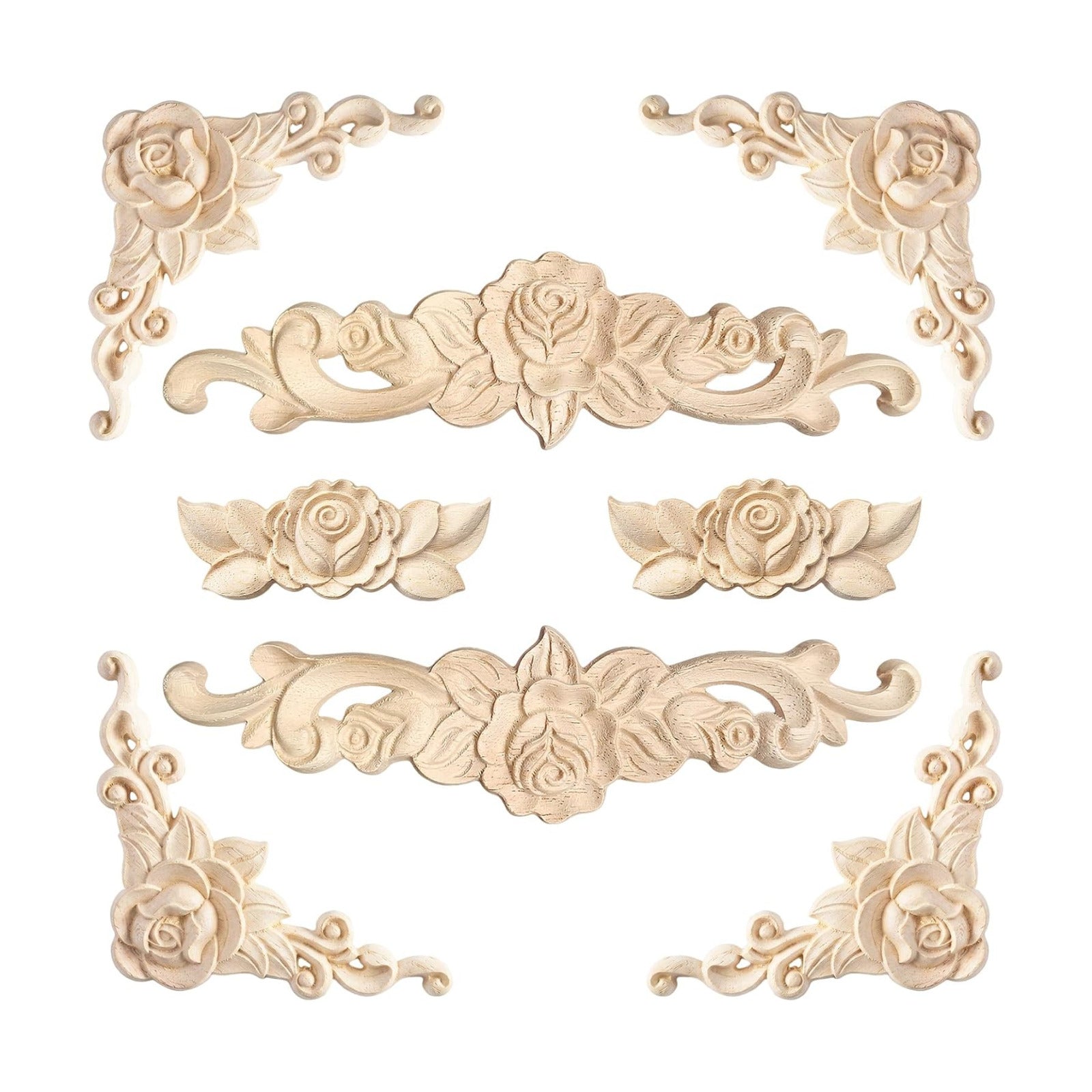Wood Appliques and Onlays for Furniture Carved Onlays DIY / Rose Style / Small Size / Set of 8