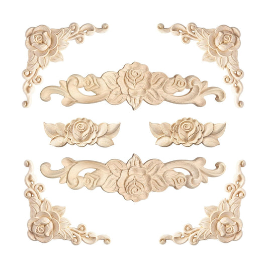 Wood Appliques and Onlays for Furniture Carved Onlays DIY / Rose Style / Small Size / Set of 8