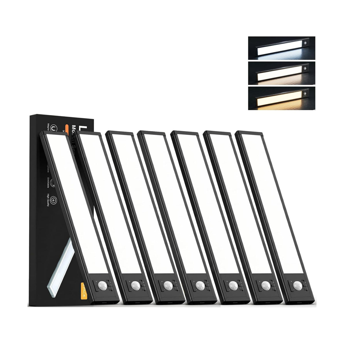 6Pack Under Cabinet Lighting Rechargeable -10" Ultra-Thin Black 3 Color Temps Super Bright, Motion Sensor, Long Lasting